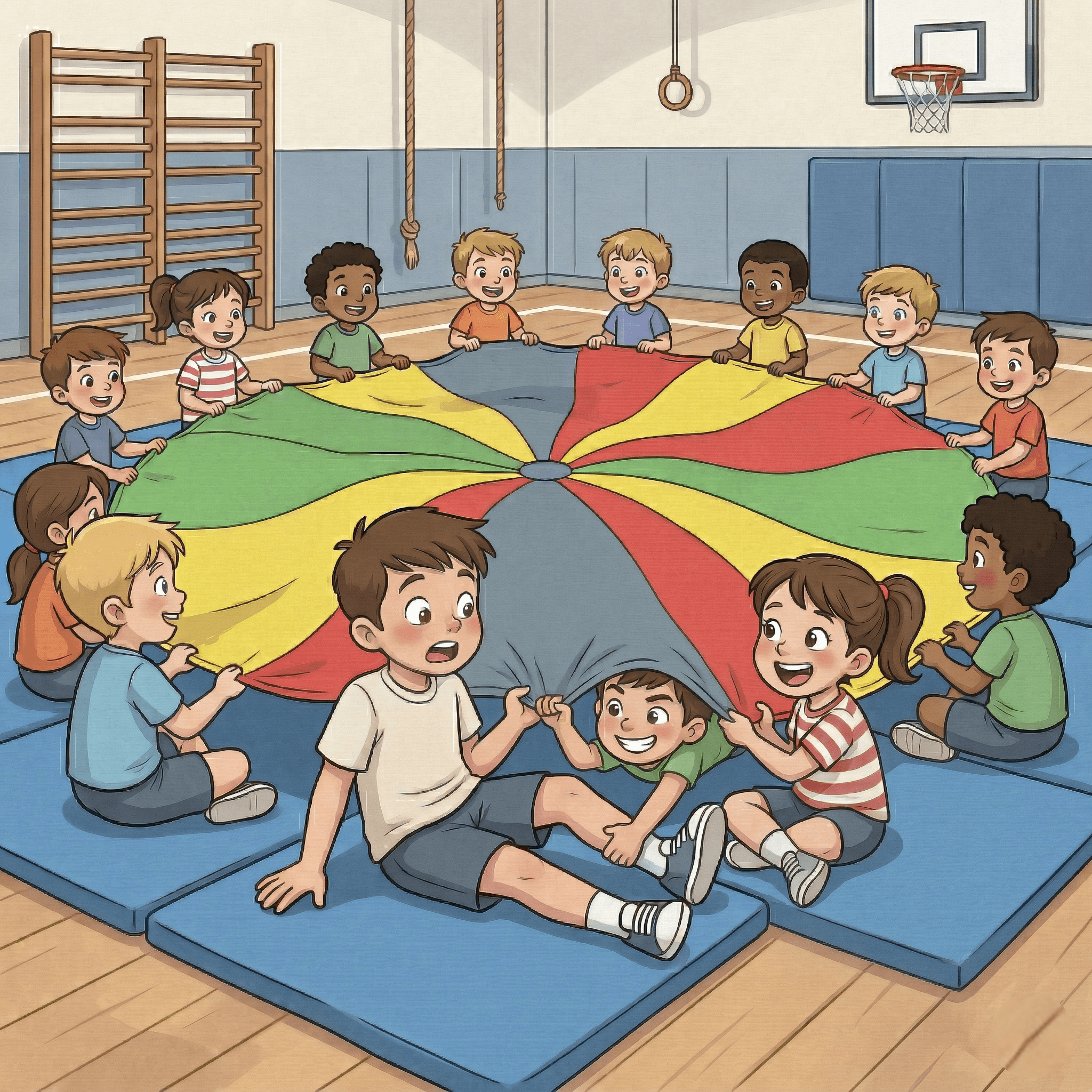 Kinder spielen mit einem Schwungtuch in der Turnhalle